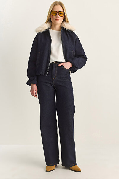 Bianco Lucci Women's Mobile Faux Fur Collar Lined Pocket Detail Denim Bomber ...