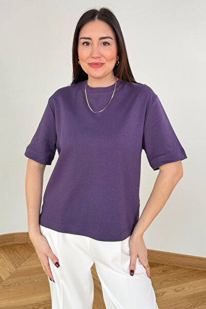 Cappmoda TSR-6597 Mor Basic Premium Organik Pamuk Bisiklet Yaka Tişört