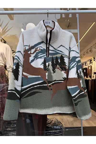 Mzr Collection KADIN GEYİK DAĞLI CEPLİ FERMUARLI PELUŞ SWEATSHİRT