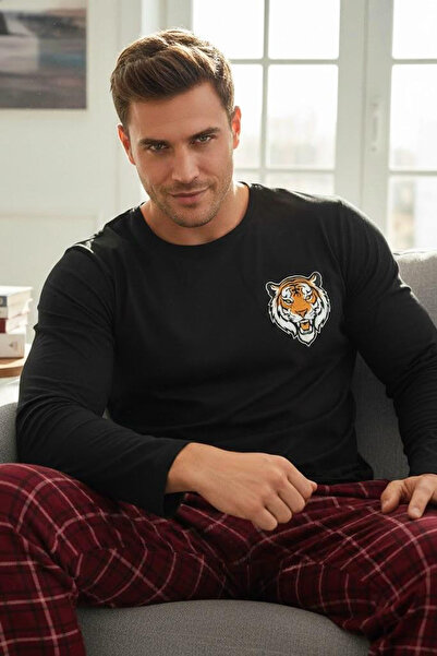 Siyah İnci ΑΝΔΡΙΚΟ Μαύρο μπορντό καρό Kaplan με τύπωμα Πλεκτό Σετ Πιτζάμες 7959