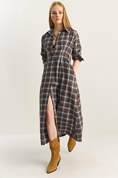 Bianco Lucci Women's Plaid Patterned Waist-Fitted Flared Cotton Dress with Po...