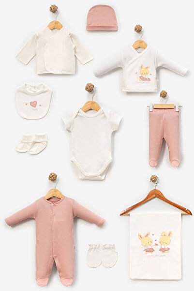 Bebitof Cute Rabbits Patterned 10 Piece Boxed Newborn Hospital Release Bodysu...