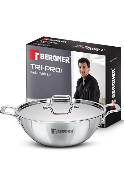 Bergner TriPro 24cm 3.1L Triply Stainless Steel Deep Stir-Fry Pan Lid Inducti...