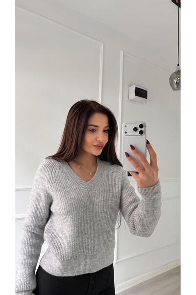 Daves Gray V-Neck Textured Women's Knit Sweater