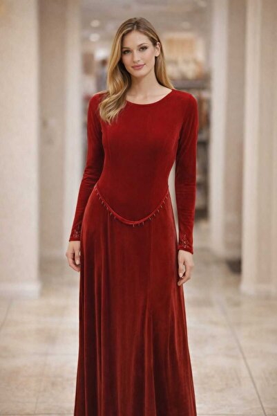 Malkan Kadın Kırmızı Kışlık Kadife Elbise (KEMER HEDİYELİ)