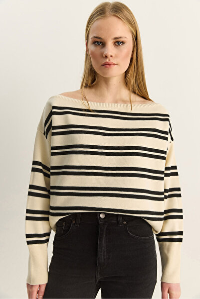 Bianco Lucci Women's Boat Neck Striped Knitwear Sweater 34105 60283909