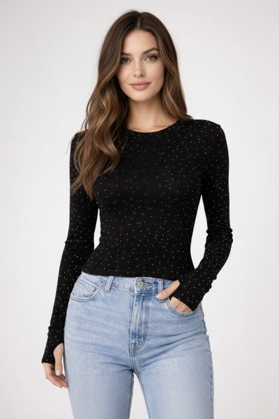 BANEGA Women's Stone Embroidered Finger Detail Flexible Modal Fabric Blouse