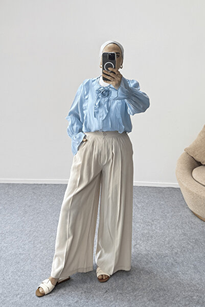 Hatun Atila Women's Rose Accessory Ruffle Detailed Buttoned Shirt Blouse Blue