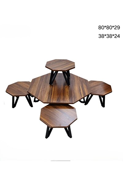 Generic طقم طاولات قهوة خشبية متداخلة مكون من 5 قطع بأرجل معدنية سوداء على شك...