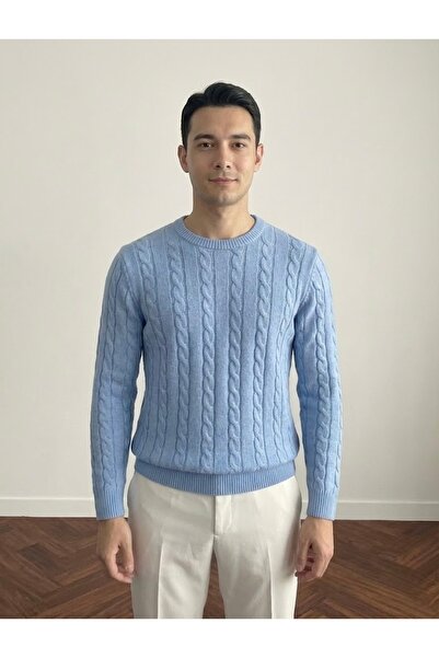 Tarz Cool Men's Blue Crew Neck Slim Fit Hair Braided Knitwear Sweater