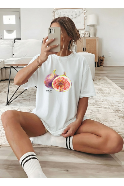 caddekombin Γυναικείο μπλουζάκι Pinterest Fig B με τύπωμα με λαιμόκοψη λευκό