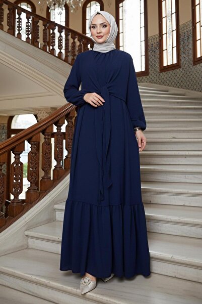 hafsamina Ayrobin Dress with Tie Detail Navy Blue Hm2873