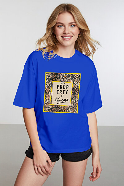 caddekombin Women's Leopard Pattern Printed Crew Neck Cobalt Blue T-Shirt