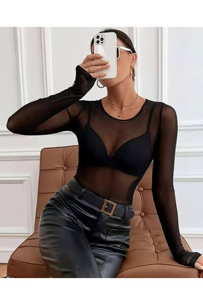 KİM Kİ O Women's Black Mesh Tulle Long Sleeve Tight Fitting Flexible Fabric, ...