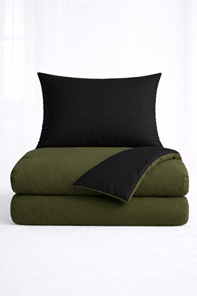 İQON Flat Duvet Cover+Pillowcase Set 100% Cotton Single Size Khaki-Black