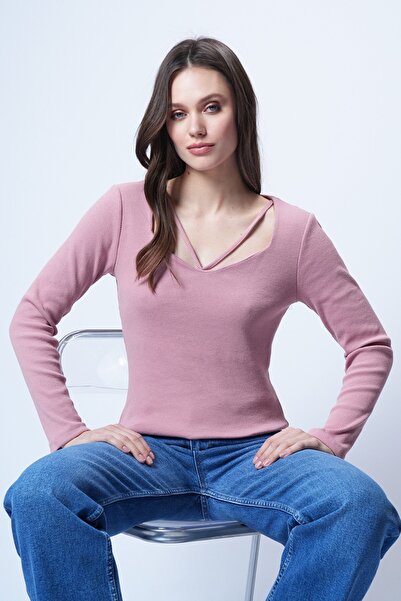 Trend Alaçatı Stili Women's Powder Heart Collar Long Sleeve Knitted Blouse Al...