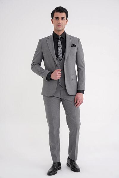 Efor Slim Fit Çift Yırtmaç Ekoseli Esnek Yünlü Yelekli Klasik Füme Takım Elbi...