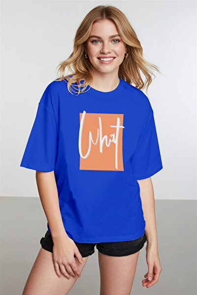 caddekombin Women's What Printed Crew Neck Cobalt Blue T-Shirt