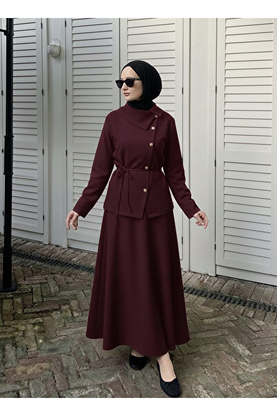 Foremia Cross Buttoned Skirt Suit-Burgundy
