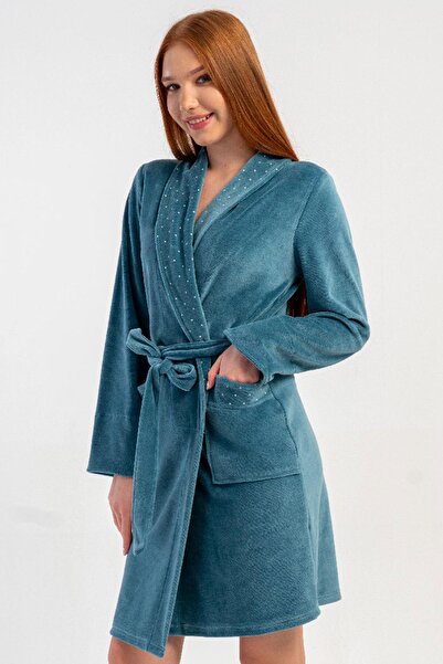 VİENETTA Women's Velvet Shawl Collar Long Sleeve Belted Pockets 100% Cotton D...