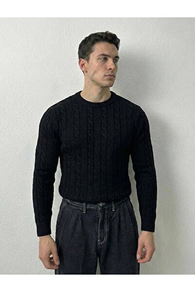 Tarz Cool Men's Black Crew Neck Slim Fit Hair Braided Knitwear Sweater
