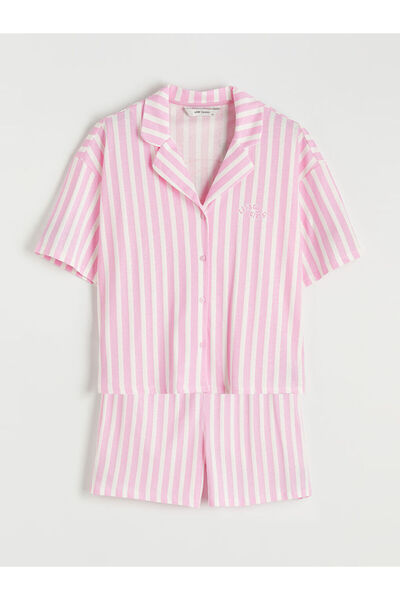 LC Waikiki Set de pijamale roz guler de cămașă cu dungi pentru femei, cu pant...