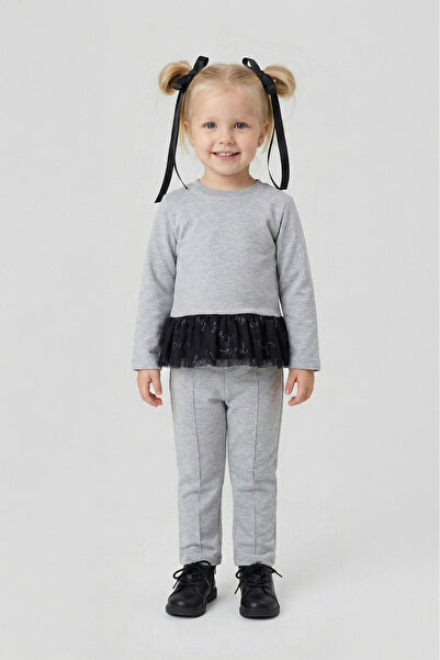 LUESS Girl's 100% Cotton Tulle Detailed Buttoned Gray Bottom and Top Set