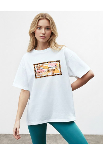 caddekombin Γυναικείο μπλουζάκι Leopard Palm με τύπωμα με λαιμόκοψη λευκό