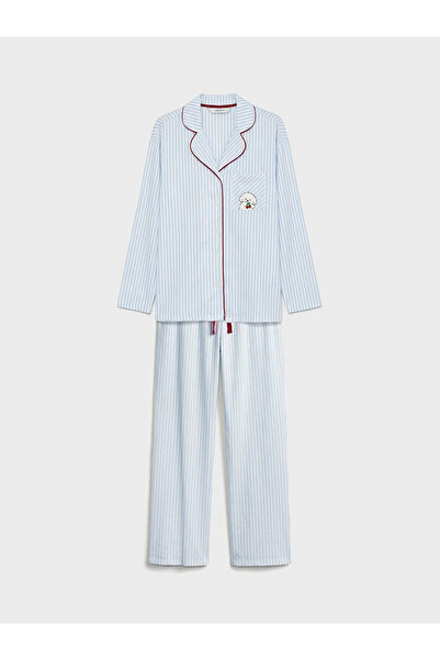 LC Waikiki Mavi Gömlek Yaka Çizgili Kadın Pijama Takımı