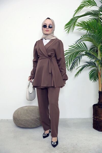 Foremia Belt Detail Jacket Suit-Brown