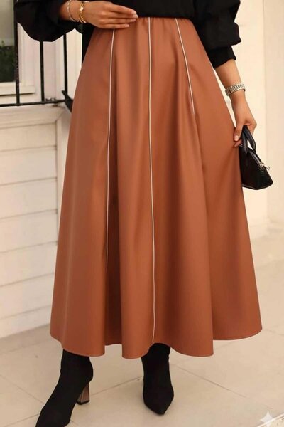 Tesettür Diyarı Piped Detail Buy Elastic Leather Skirt - Brown