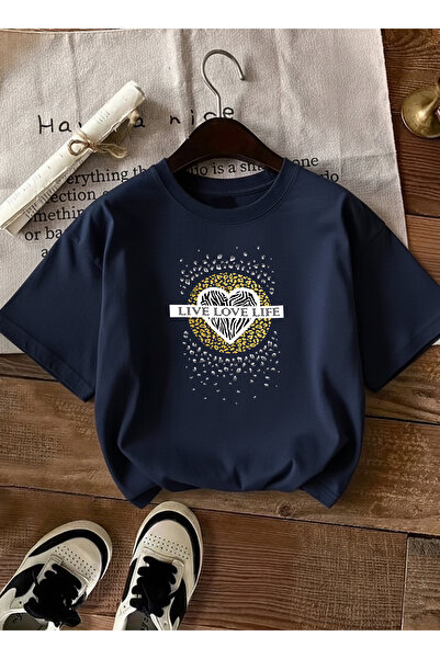 caddekombin تي شيرت نسائي من Live Love Life بشعار Heart مطبوع برقبة دائرية با...