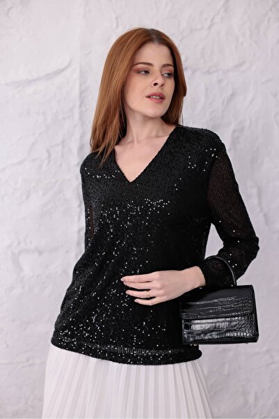 Pulli Collection Sequined V-Neck Long Sleeve Sparkling Women's Blouse