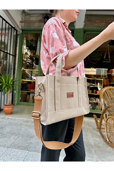 Atelier Lapina Ekru / Tavşan / Orta Boy Mumlu Kanvas Çanta