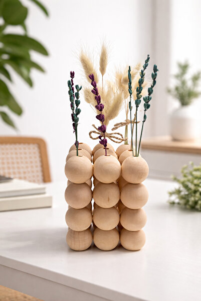 nijiartdesign Ahşap Boncuklu Kare Formlu Doğal Görünümlü Vazo (Çiçekler Dahil...