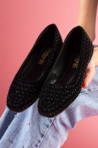 FUGA MODA Balerini Clarice din piele intoarsa neagra cu incrustatii de piatra