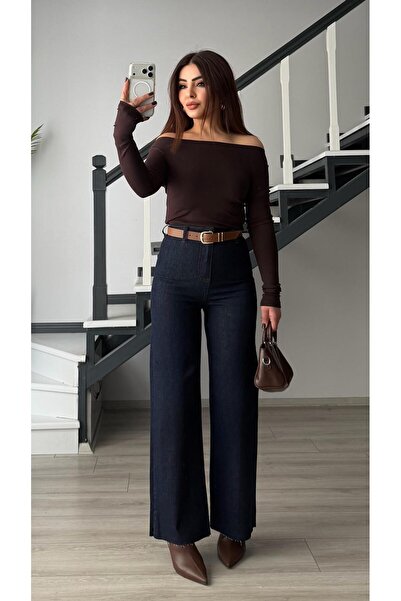 Oslove Navy Blue Belted Stretch Fabric Straight Jean