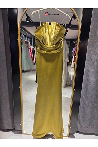 İnci Abiye Yağ Yeşili Straplez Balık Model Abiye