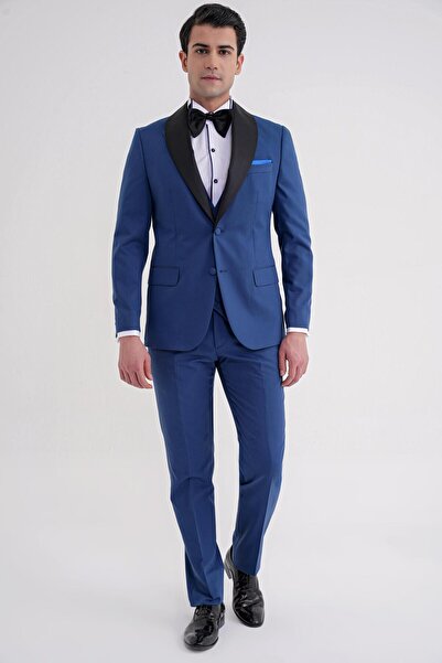Efor Slim Fit Removable Shawl Satin Collar Parliament Blue Groom Suit with Ve...
