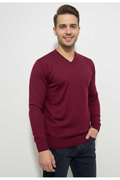 wera Erkek, bordo V yaka ince triko kazak