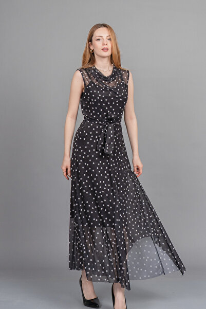 MissVina Shawl Collar Polka Dot Pattern Lined Tulle Slim Asymmetric Long Dres...