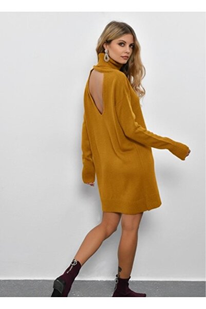 Be Best Women's Mustard Turtleneck Backless Knitwear Dress Be353