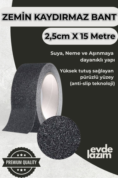 EvdeLazım Merdiven Kaydırmaz Bant (2,5 CM X 15 METRE) Siyah Arka Kısmı Yapışk...