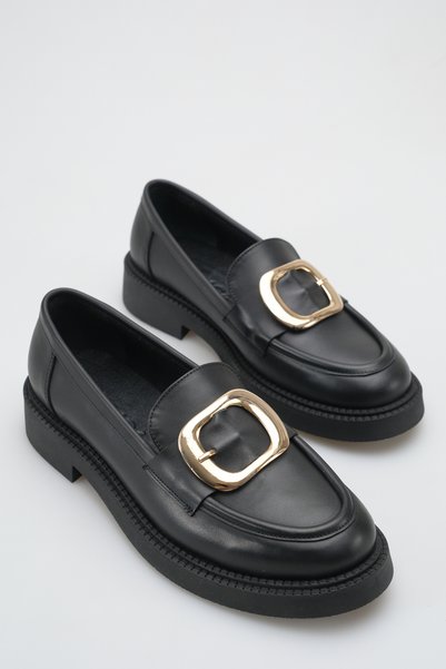 GRADA Black Genuine Leather Buckle Women's Loafer Shoes Daily Front Buckle Modern Design Leather Moccasins