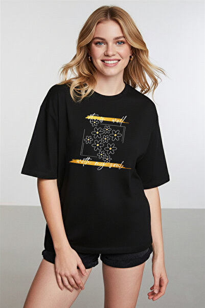 caddekombin Γυναικείο μπλουζάκι με σχέδιο μαργαρίτα, με γράμματα, μαύρο μπλου...