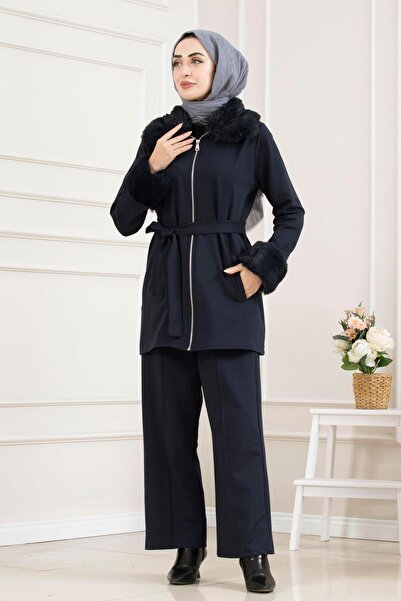 Sevitli Fur Collar and Sleeve Trim Suit-Dark Blue