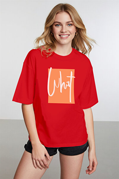 caddekombin Women's What Printed Crew Neck Red T-Shirt