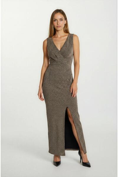 Spazio Orvanna Kruvaze Asimetrik Taşlı Uzun Abiye Elbise KAHVE