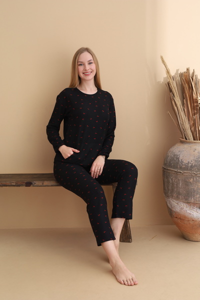 ELİTOL Waffle Knitted Long Sleeve Women's Pajama Set with Pocket Detail