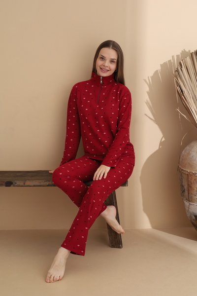 ELİTOL Zippered Waffle Knitted Long Sleeve Women's Pajama Set